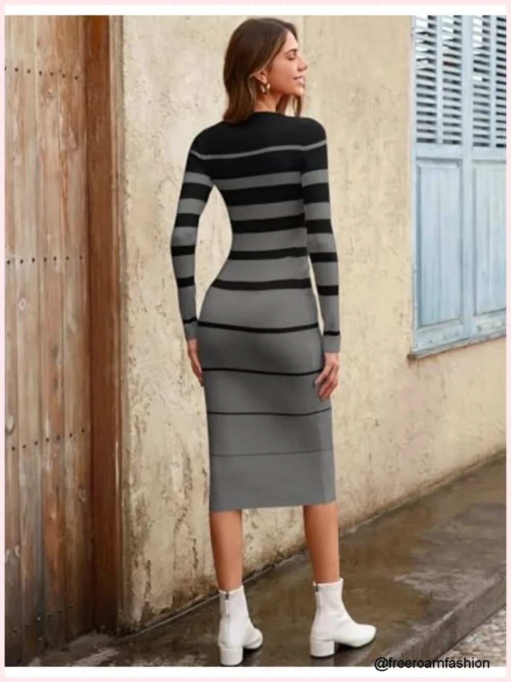 Long Sleeve Ribbed Sweater Dress Crew Neck Stripes Bodycon Midi Knit Stretch